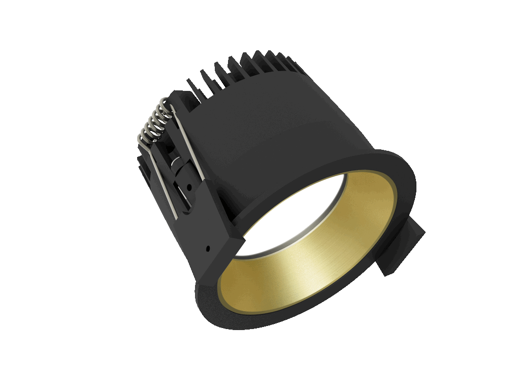 Strada 75 is een downlight met 800Lm, 2200-3000K, CRI 93, 10,3W. Bundelhoek 80°, Triac-dimbaar, afwerking Black/Gold, IP44/IP20.