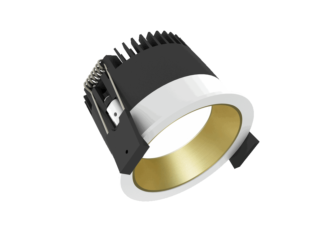 Strada 75 is a downlight with 800Lm, 4000K, CRI 93, 10.1W. Beam angle 80°, Triac dimmable, finish White/Gold, IP44/IP20.