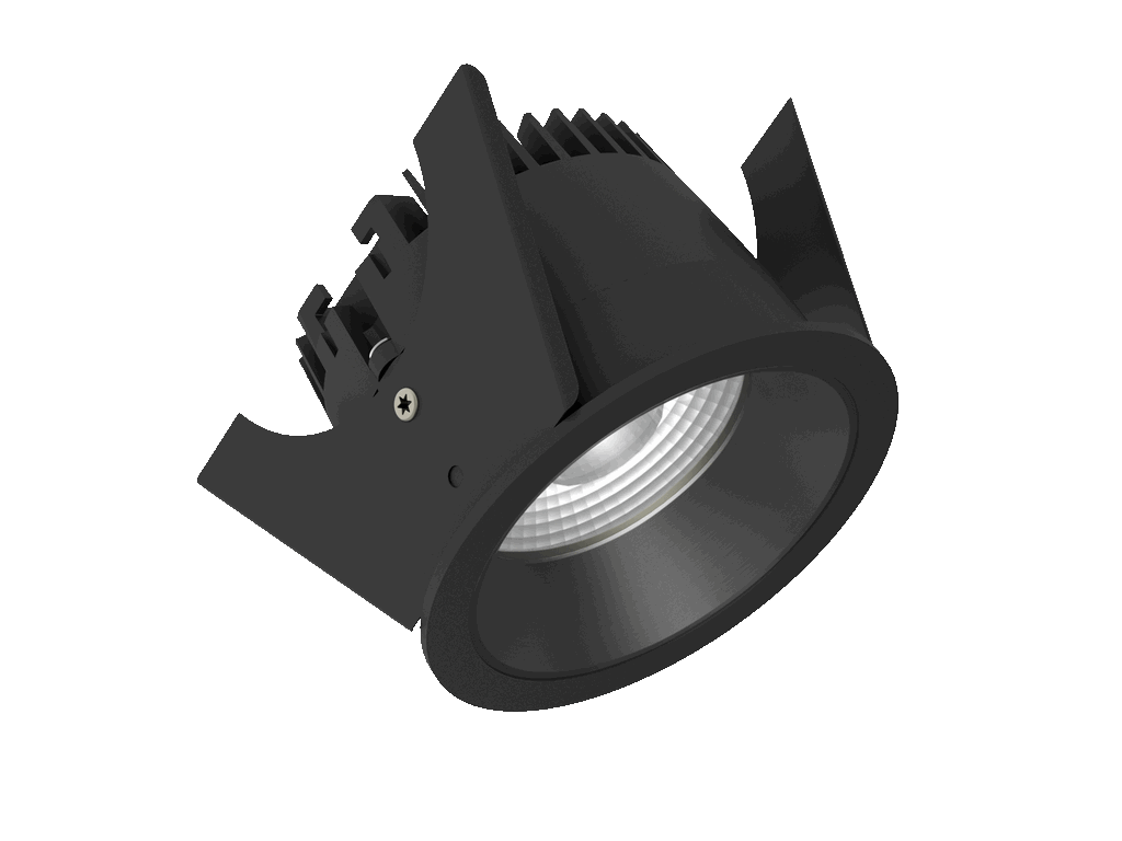 Strada 75 est un downlight de 800Lm, 3000K, IRC 93, 10,3W. Angle de faisceau 40°, dimmable Triac, finition Black/Black, IP44/IP20.