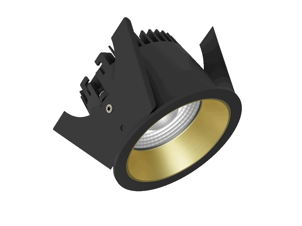 Strada 75 est un downlight de 800Lm, 2200-3000K, IRC 93, 10,3W. Angle de faisceau 40°, dimmable Triac, finition Black/Gold, IP44/IP20.