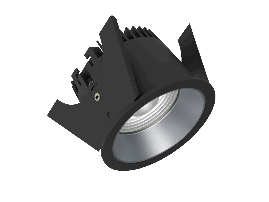 Strada 75 is a downlight with 800Lm, 3000K, CRI 93, 10.3W. Beam angle 40°, Triac dimmable, finish Black/Silver, IP44/IP20.