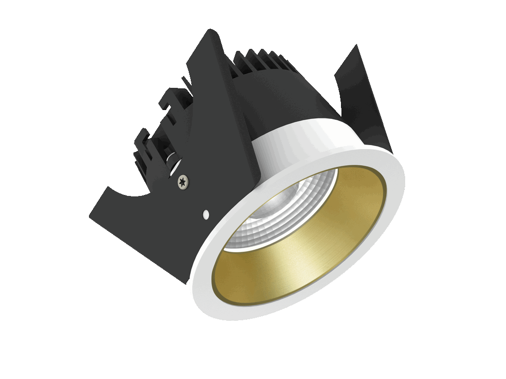 Strada 75 is a downlight with 800Lm, 2200-3000K, CRI 93, 10.3W. Beam angle 40°, Triac dimmable, finish White/Gold, IP44/IP20.