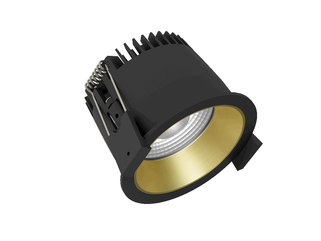 Strada 75 is a downlight with 800Lm, 2200-3000K, CRI 93, 10.3W. Beam angle 40°, Triac dimmable, finish Black/Gold, IP44/IP20.