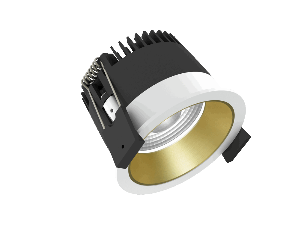 Strada 75 is a downlight with 800Lm, 2700K, CRI 93, 10.5W. Beam angle 40°, Triac dimmable, finish White/Gold, IP44/IP20.