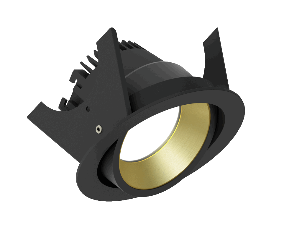 Strada 90 is an adjustable downlight with 800Lm, 2700K, CRI 93, 10.5W. Beam angle 80°, Triac dimmable, finish Black/Gold, IP20.
