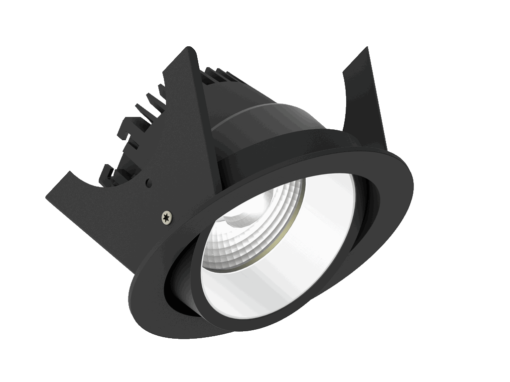 Strada 90 is an adjustable downlight with 800Lm, 2200-3000K, CRI 93, 10.3W. Beam angle 40°, Triac dimmable, finish Black/White, IP20.