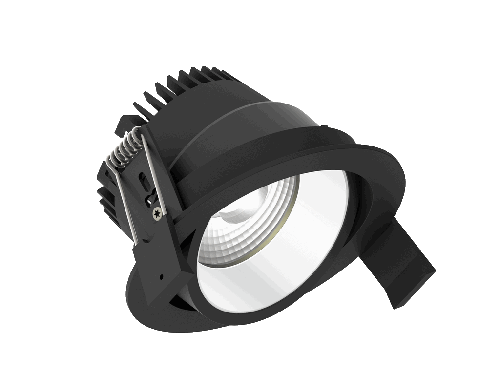 Strada 90 is an adjustable downlight with 800Lm, 3000K, CRI 93, 10.3W. Beam angle 40°, Triac dimmable, finish Black/White, IP20.