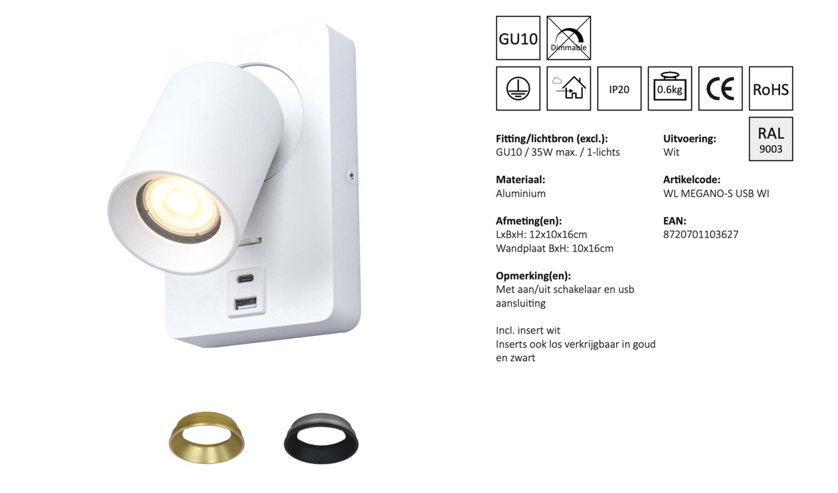 Applique murale MEGANO-S USB - GU10 - t