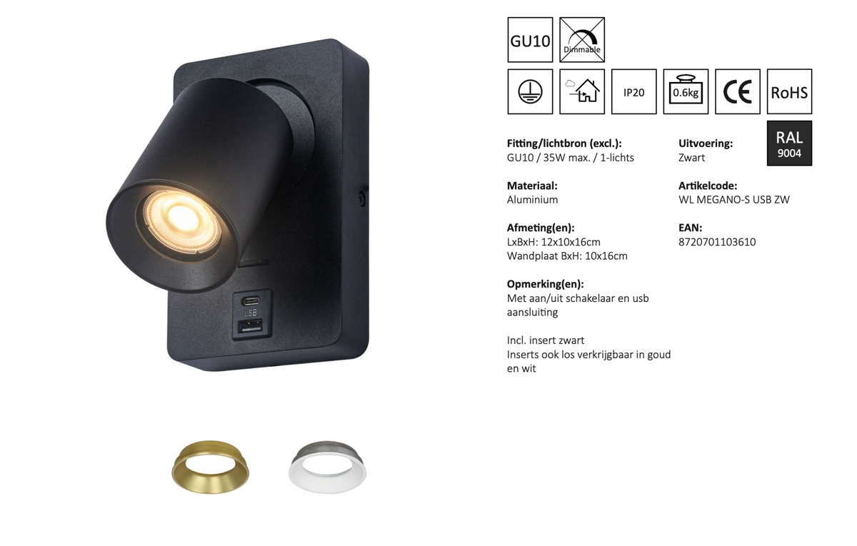 Applique murale MEGANO-S USB - GU10 - t